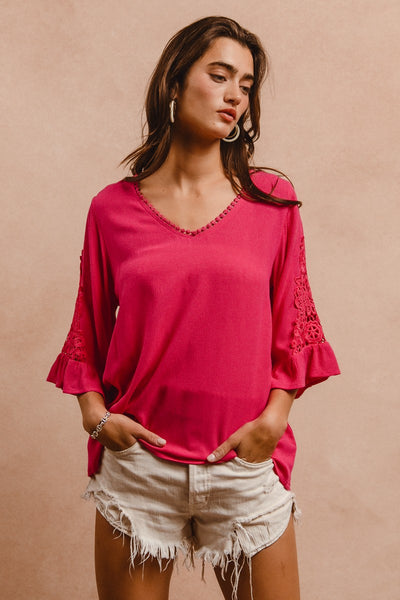 3/4 Sleeve Top w/ Lace Trim - Fuchsia