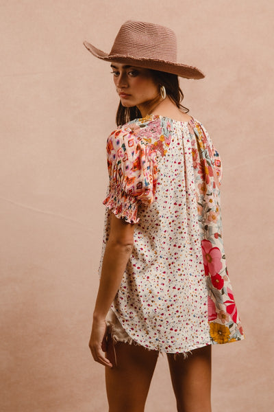 Woven Printed Peasant Top - Rose Mix