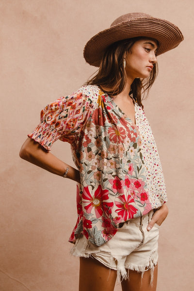 Woven Printed Peasant Top - Rose Mix