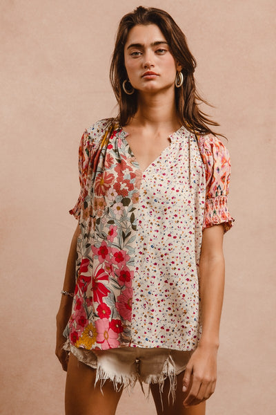 Woven Printed Peasant Top - Rose Mix