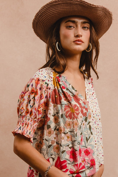 Woven Printed Peasant Top - Rose Mix