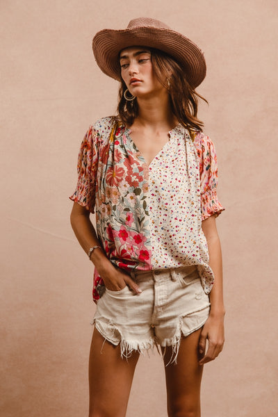 Woven Printed Peasant Top - Rose Mix