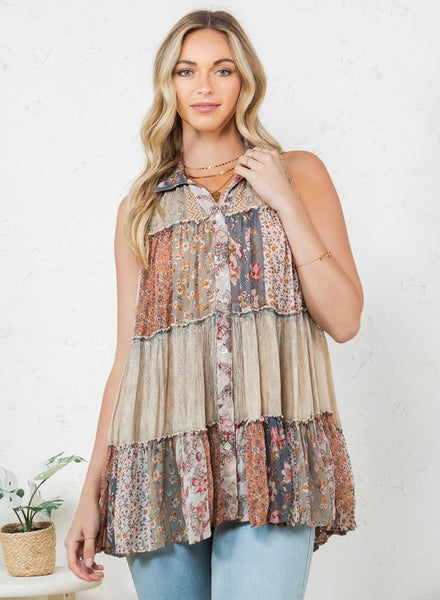 Boho Patchwork Top - Latte