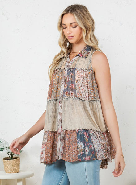 Boho Patchwork Top - Latte