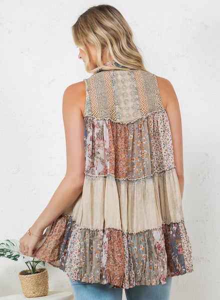 Boho Patchwork Top - Latte