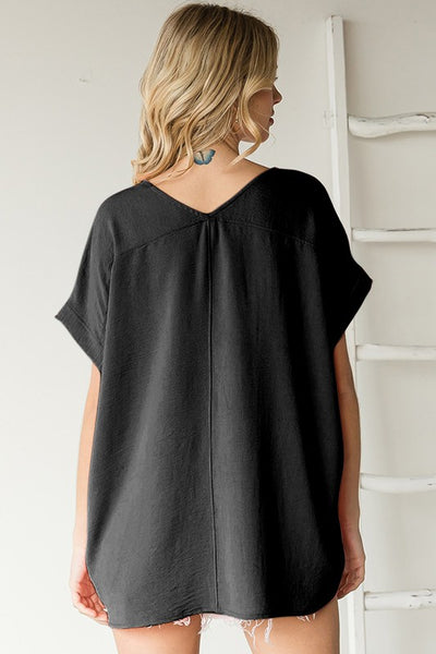 V-Neck Woven Top - Black