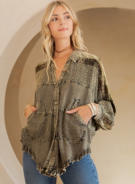 Bohemian Stoned Washed  Bat Sleeve Top - Gravel