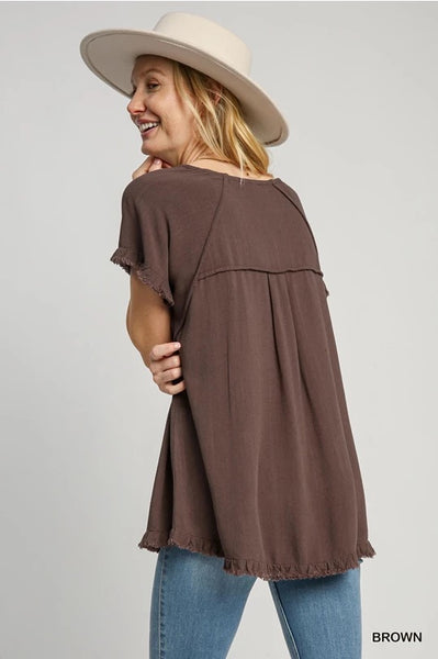 Linen Blend Top - Brown