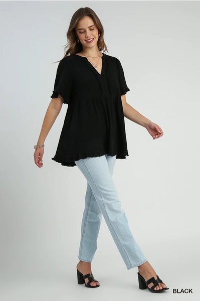 Split Neck Top - Black