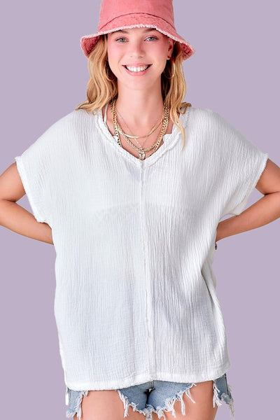 Loose fit Gauze Short Sleeve Top - White - SALE