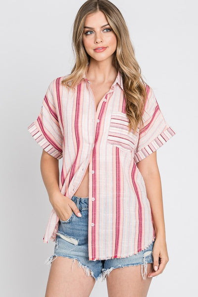 Striped Button Down Top - Pink