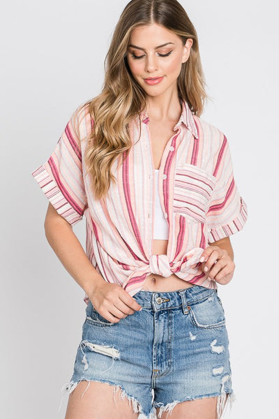 Striped Button Down Top - Pink - SALE