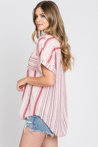 Striped Button Down Top - Pink - SALE