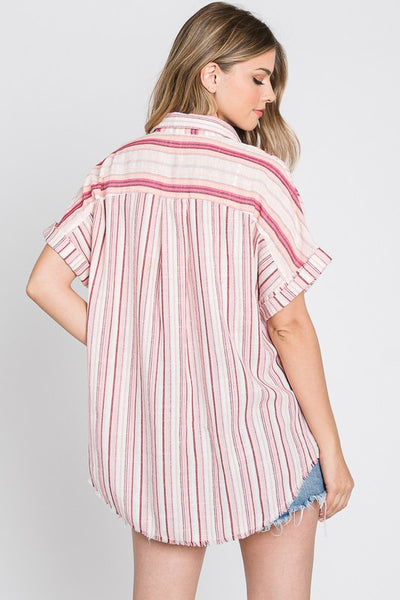 Striped Button Down Top - Pink - SALE