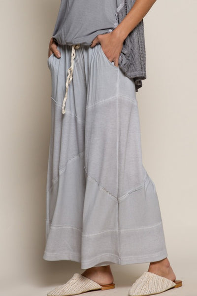 Contrast Ribbed Wide Leg Pants - Dove Grey