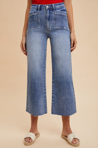 High Rise Cropped Wide Leg Jeans - Medium Wash