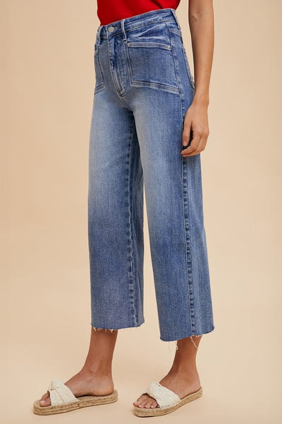 High Rise Cropped Wide Leg Jeans - Medium Wash