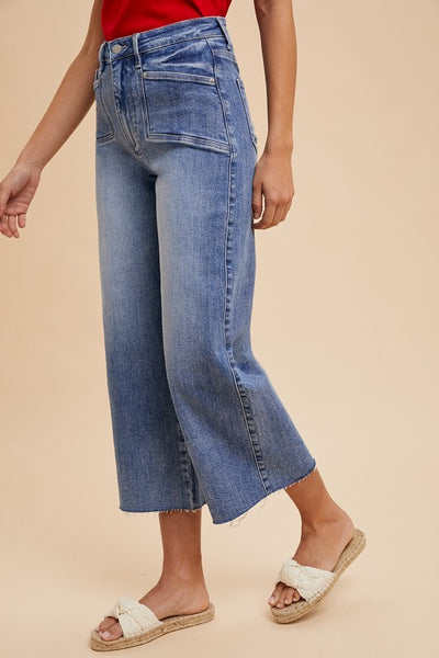 High Rise Cropped Wide Leg Jeans - Medium Wash