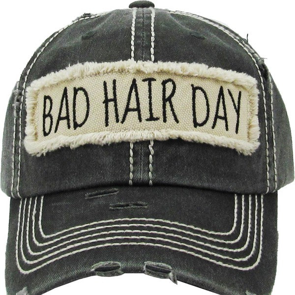 “Bad Hair Day” Distressed Ball Cap - Black