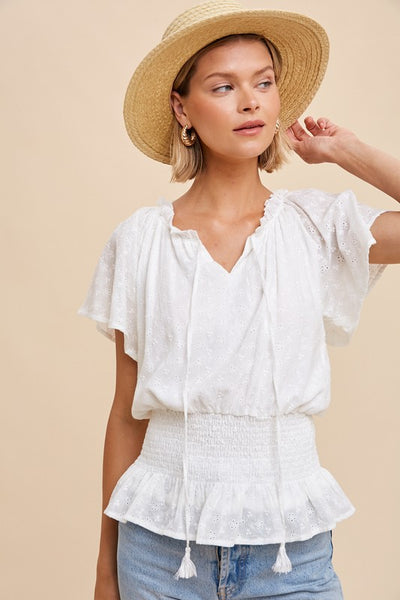 Smocked Eyelet Blouse - Off White - SALE