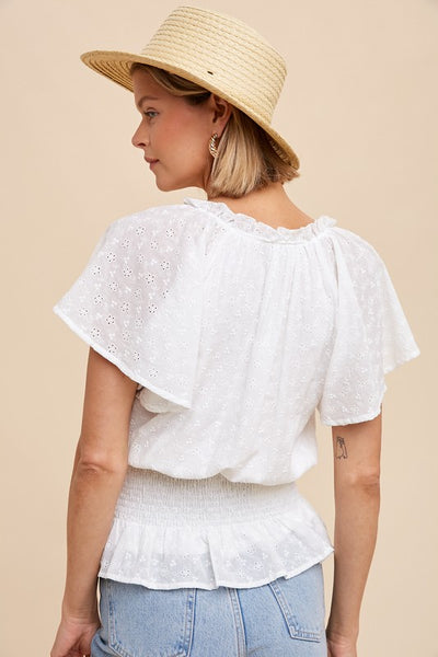 Smocked Eyelet Blouse - Off White - SALE