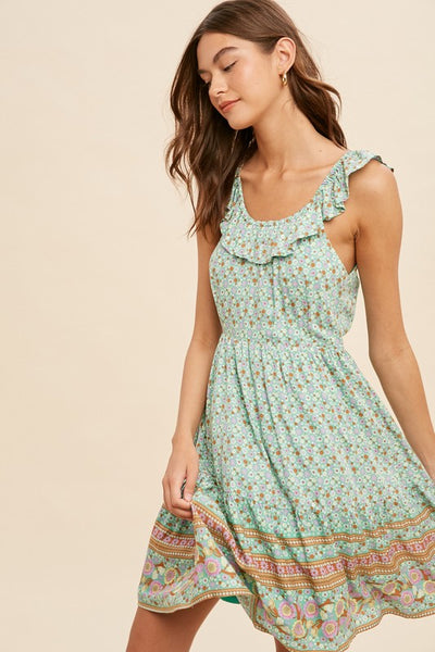 Border Print Open Tie Back Mini Dress - Pistachio