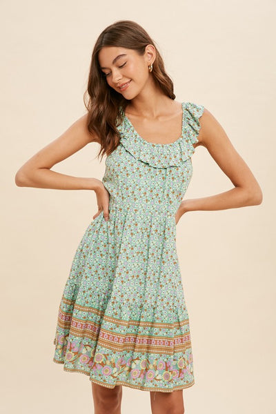 Border Print Open Tie Back Mini Dress - Pistachio