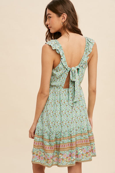 Border Print Open Tie Back Mini Dress - Pistachio