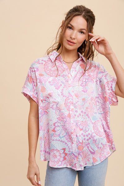 Boho Satin Button Up Shirt - Fuchsia - SALE