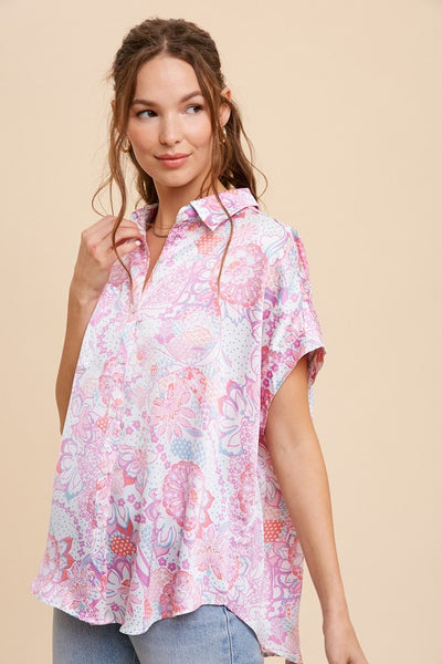 Boho Satin Button Up Shirt - Fuchsia - SALE