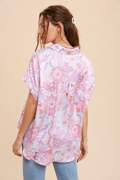 Boho Satin Button Up Shirt - Fuchsia - SALE