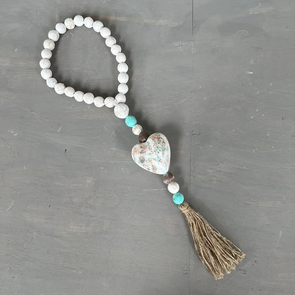 Ceramic Clay Bead Loop w/ Heart and  Tassel - Turquoise