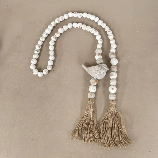 Clay Beaded Garland w/ Bird and Tassels - Grey