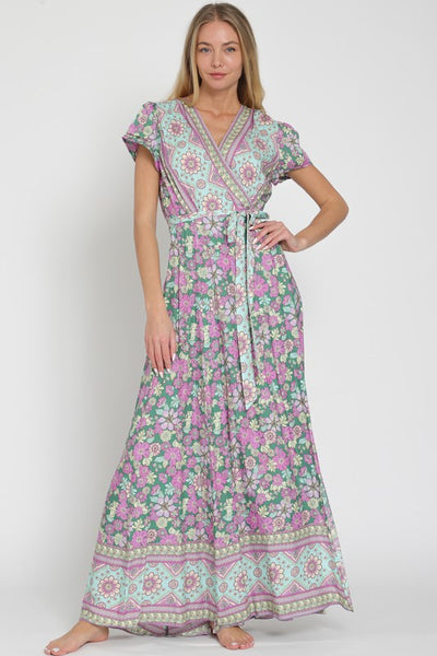 Border Print Wrap Maxi Dress - Green/Lavender - SALE