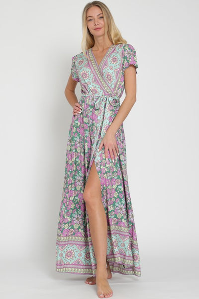 Border Print Wrap Maxi Dress - Green/Lavender - SALE