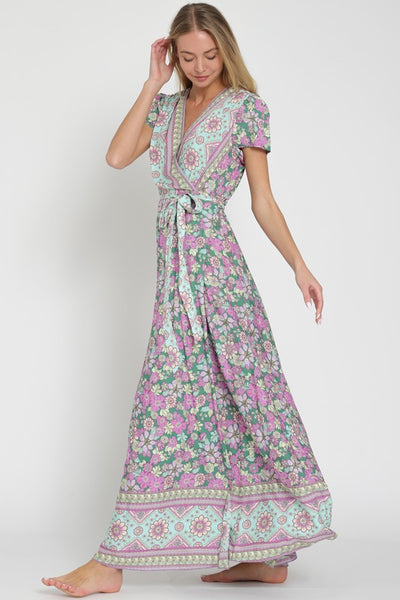 Border Print Wrap Maxi Dress - Green/Lavender - SALE