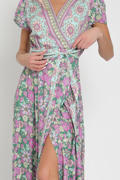 Border Print Wrap Maxi Dress - Green/Lavender - SALE