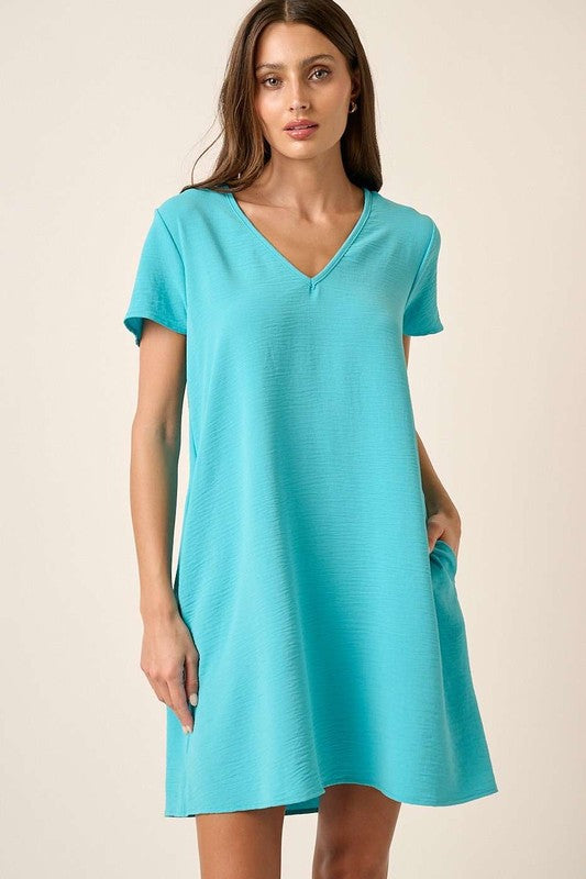 V-Neck Short Sleeve Shift Dress - Blue Tiffany