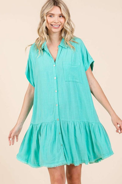 Linen Blend Collared Button Down Shirt Dress - Tiffany