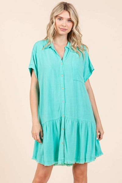 Linen Blend Collared Button Down Shirt Dress - Tiffany