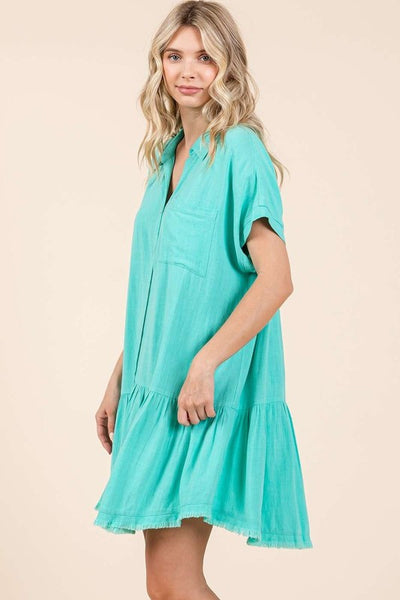 Linen Blend Collared Button Down Shirt Dress - Tiffany