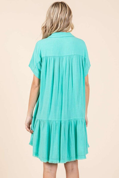 Linen Blend Collared Button Down Shirt Dress - Tiffany