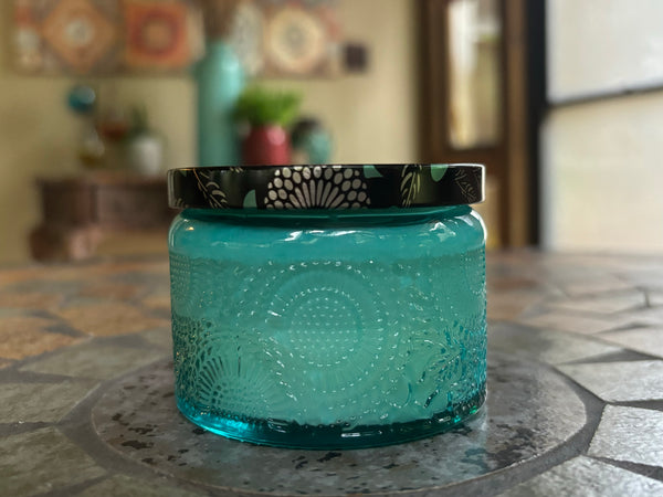 4oz Embossed Glass Soy Candle - Aqua