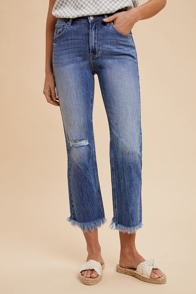 Cropped Straight Leg Frayed Hem Jeans - Medium Denim