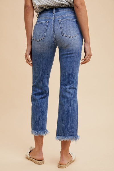 Cropped Straight Leg Frayed Hem Jeans - Medium Denim