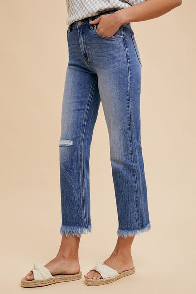 Cropped Straight Leg Frayed Hem Jeans - Medium Denim