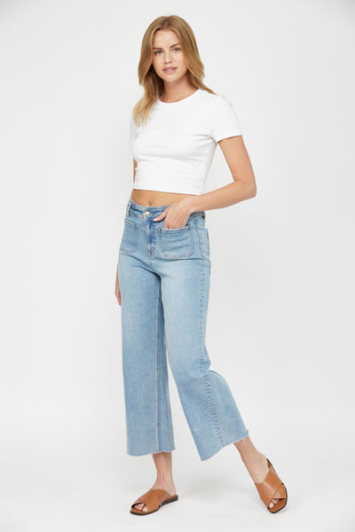 Cropped Wide Leg Jean w/ Front Pockets - Light Wash