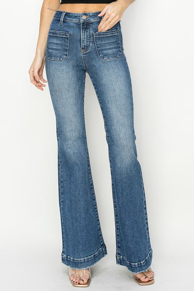 High Rise Flares w/ Front Patch Pockets - Washed Denim