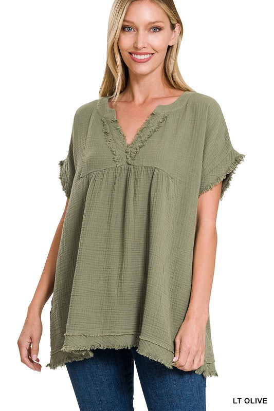 Gauze V-Neck Top - Light olive