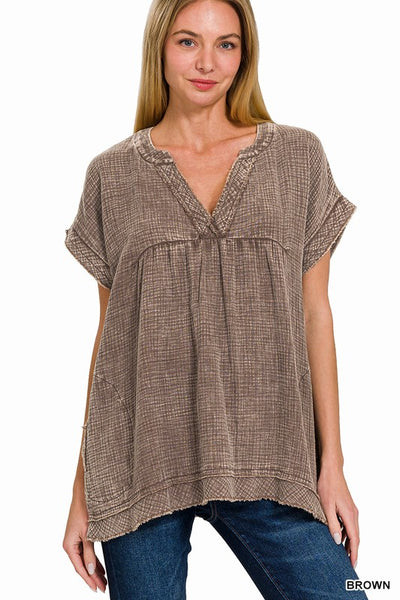 Gauze V-Neck Top - Brown